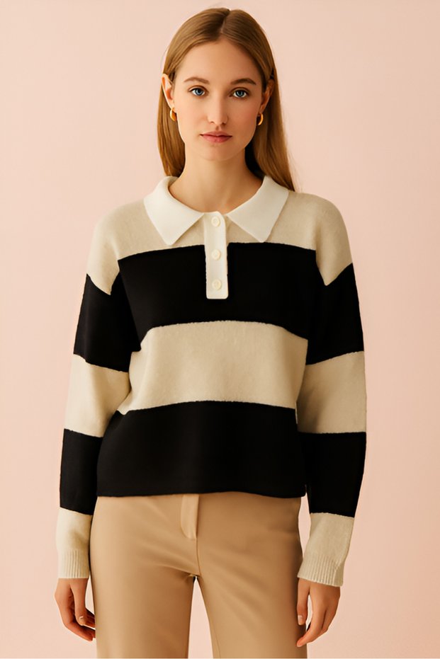 Women's Polo Neck Buttoned Blocky Knitwear Sweater Beige