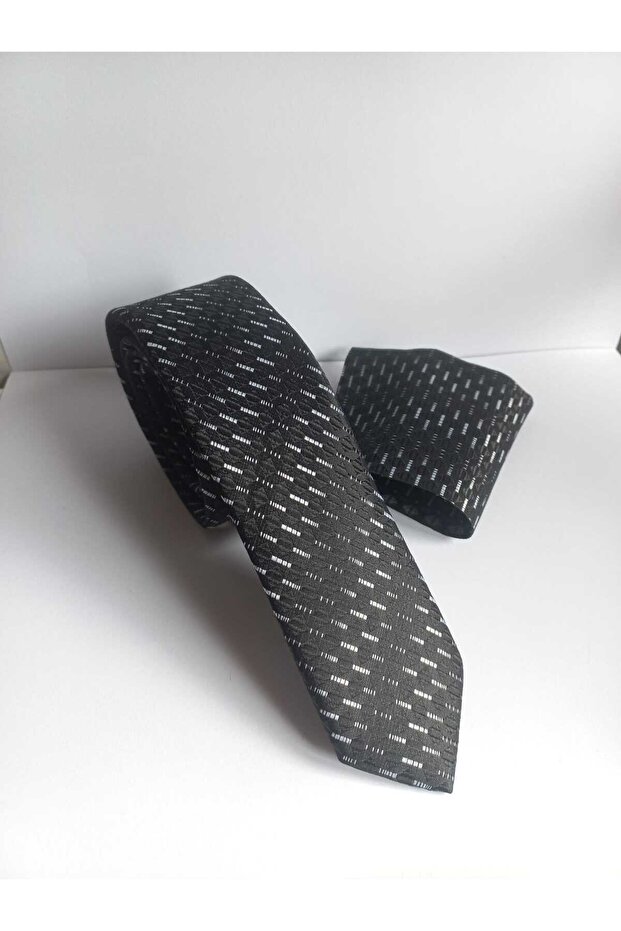 Black Patterned Thin Tie and Handkerchief Set
