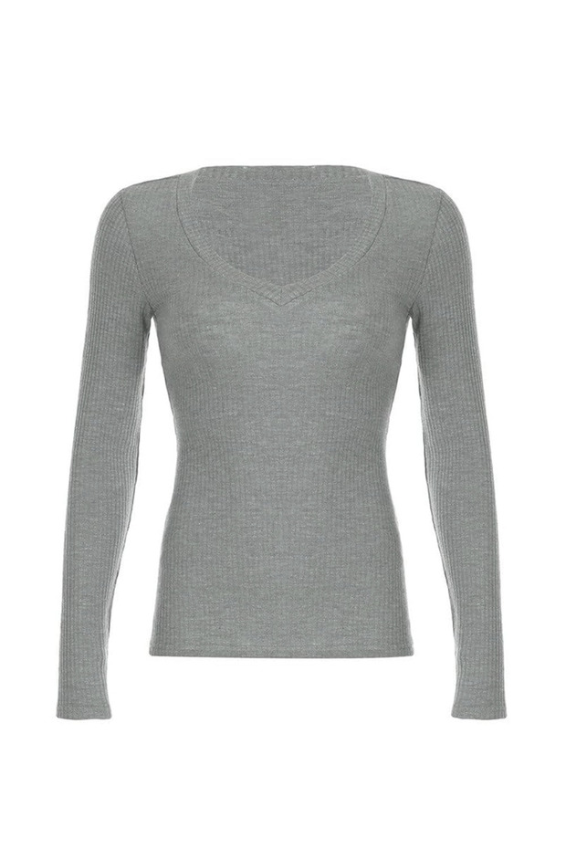 Göğüs Dekolteli Gri Uzun Kollu Basic Bluz - 1