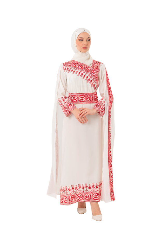 Hijab Dress Palestine Embroidered Sloping Shoulder Long Open Sleeves Black M-3Xl