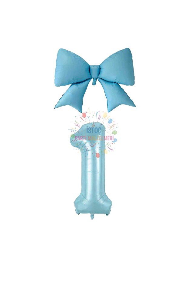 Blue Color Bow Number Foil Balloon Set Age 1
