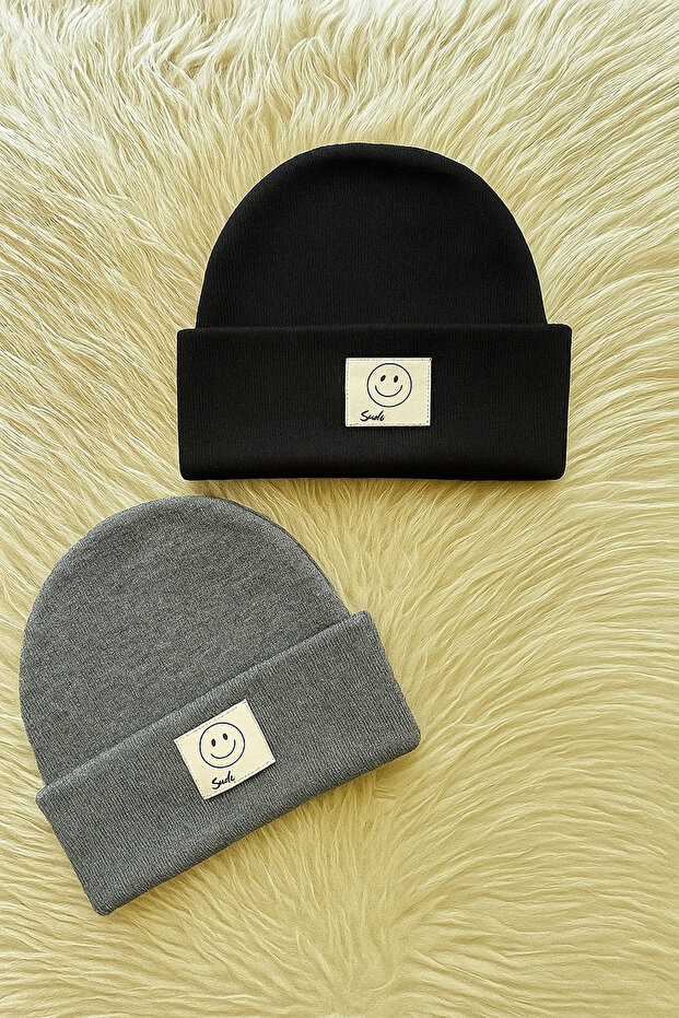 Pack of 2 Smiley Face Stretchy Camisole Beret Gray Black