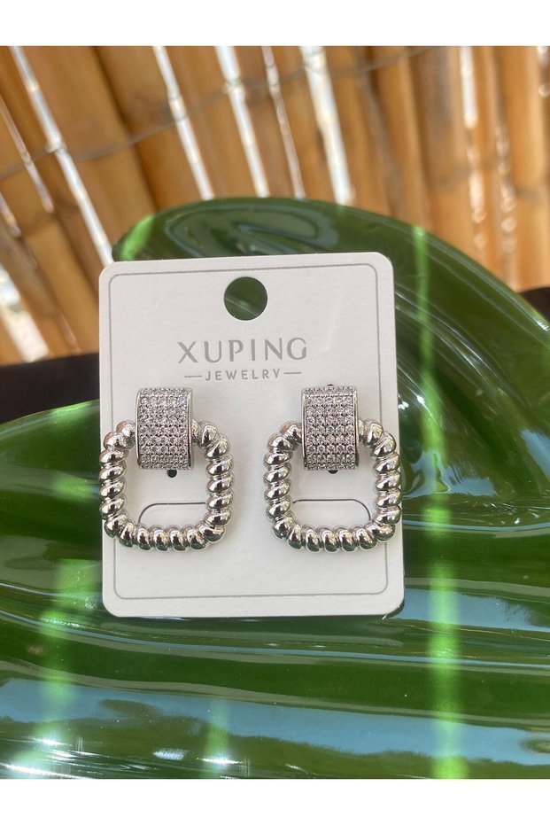 Steel Earrings with Stone Square Silver Color
