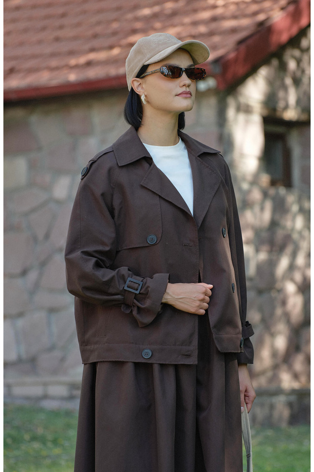 Kol Apoletli Acı Kahve Midi Trenç Ceket - 4