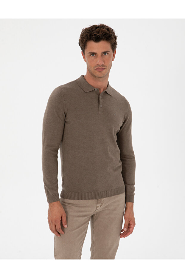 Mink Melange Slim Fit Polo Neck Basic Knit Sweater 50315405-Vr174