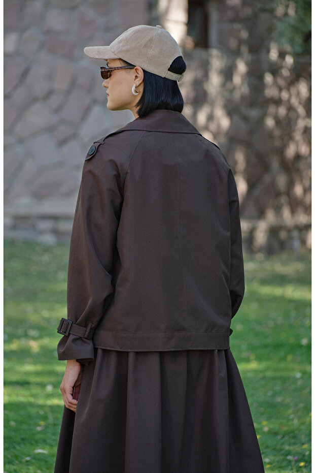 Kol Apoletli Acı Kahve Midi Trenç Ceket - 5