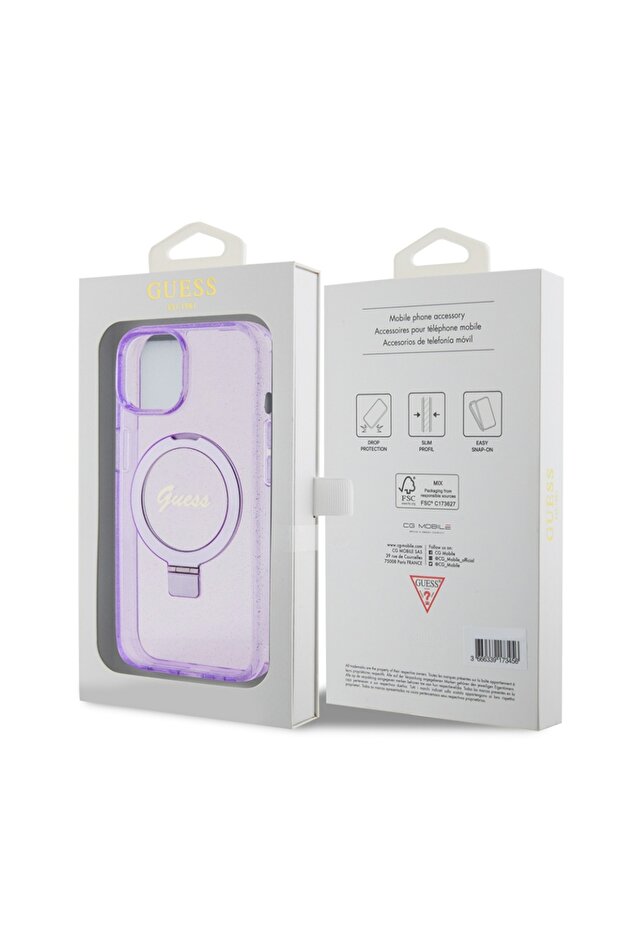 Case for IPhone 15, Ring Stand Script Glitter - Purple - 7