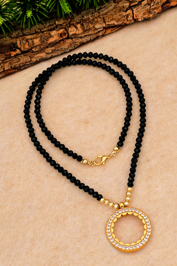 Necklace for Half Gold Women's Black Stone Half Gold Inserted Necklace Model Bt070