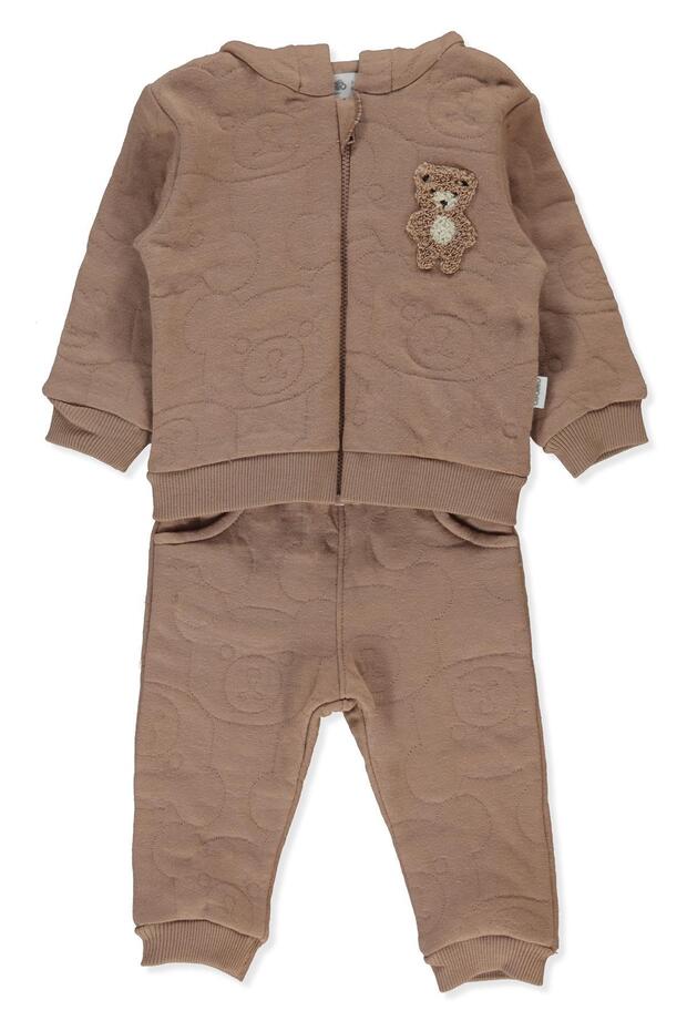 Jacquard Quilted Hooded Cardigan 2-Piece Set (Bearish) Brown