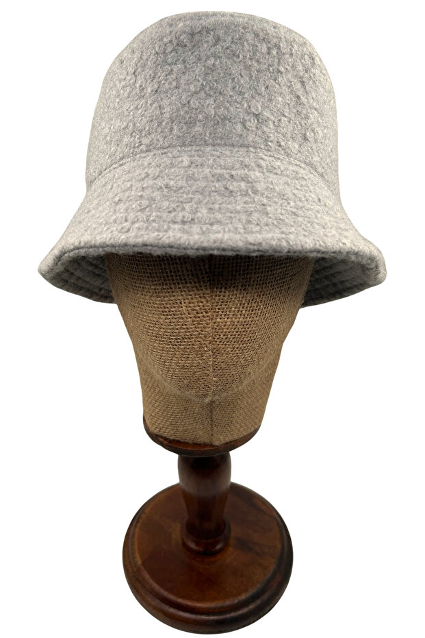 Gray Bouclé Soft-Textured Thick Bucket Hat Gri Büklet Yünlü Yumuşak Dokulu Kalın Kışlık Şapka - 2