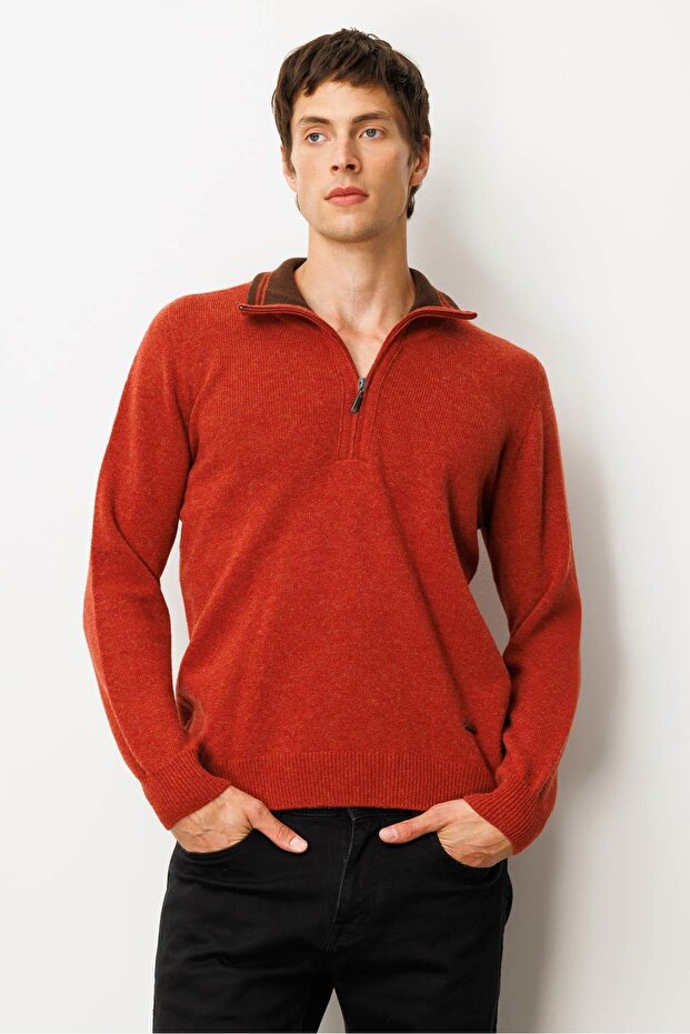 Men's Basic Wool Sweater with Zipper Collar Tile - 1