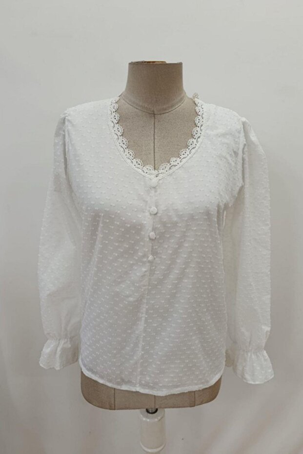 V-Neck Front Buttoned Blouse - White - 4