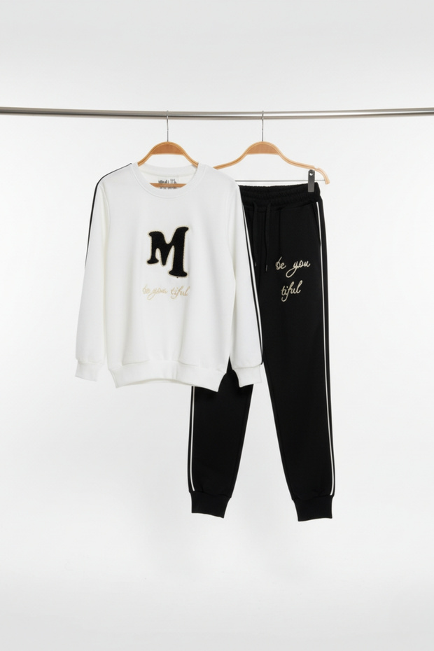 Black and White Children's Tracksuit with Applique and Side Stripes