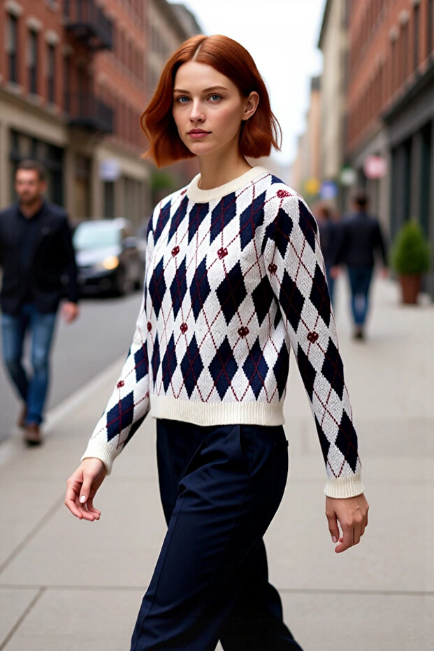 Women's Regular Fit Thick Argyle Patterned Pique Knitted Sweater Offers Winter Elegance and Comfort