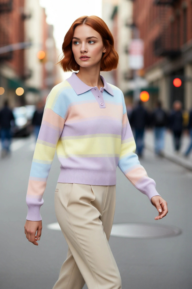 Women's Regular Fit Polo Neck Color Block Low Long Sleeve Acrylic Knitwear Sweater for Daily Wear