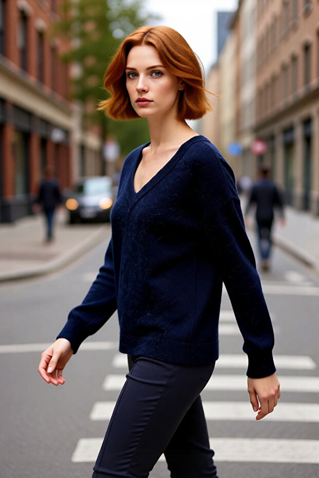 Women's Oversized Knitwear Plain V-Neck Winter Low Sleeve Comfortable Alpaca Blend Sweater Quality Stylish
