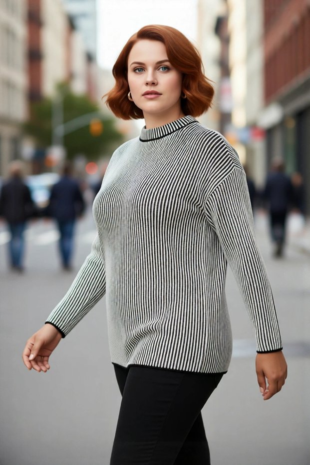 Women's Regular Fit Ribbed Striped Crew Neck Long Sleeve Knitwear Sweater for Winter Season