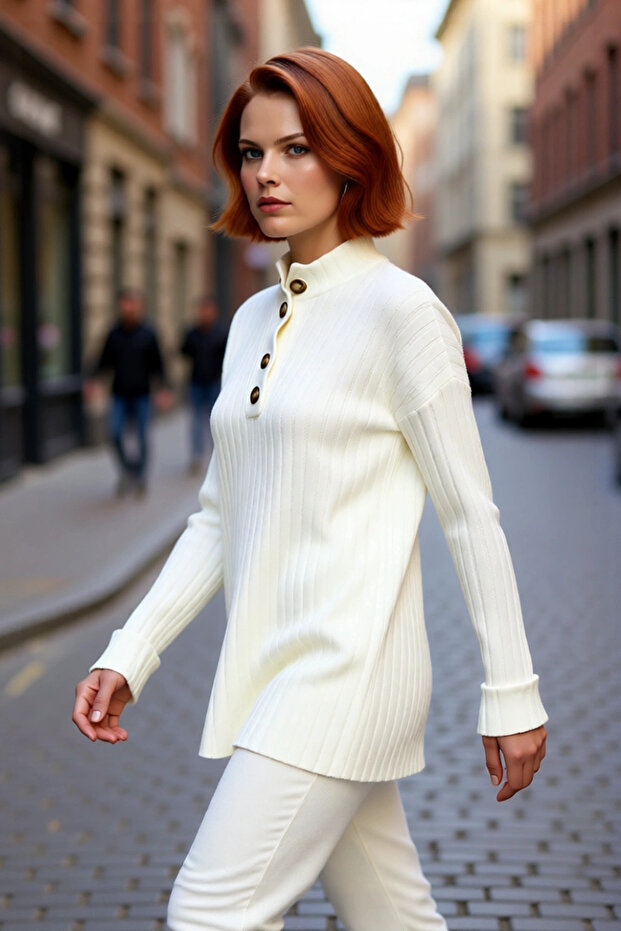 Women's Ecru Relaxed Fit Buttoned Collar Low Sleeve Knitwear Sweater Ideal for Winter Days Elegance Quality