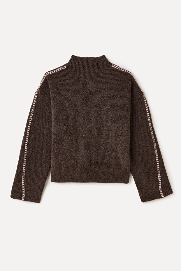 Oversize Stand-Up Collar Sweater with Stitching Details