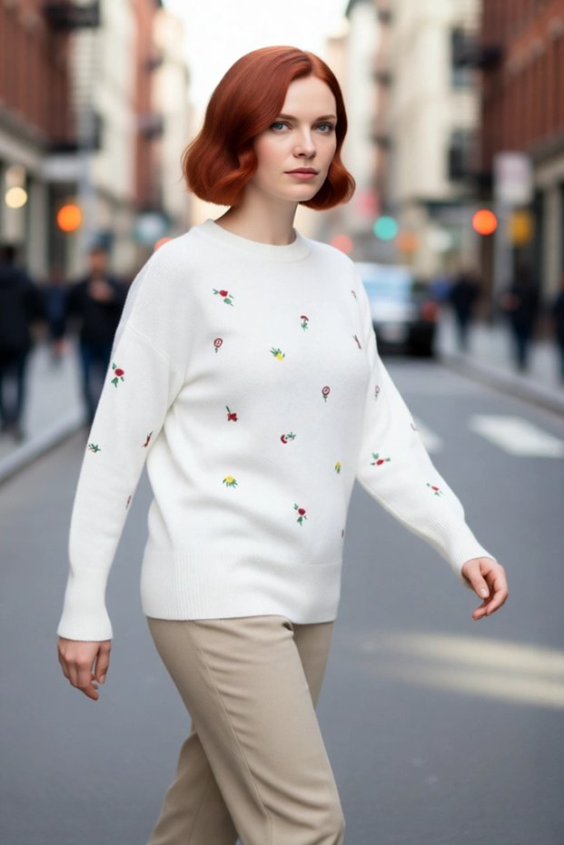 Women's Floral Embroidery Detailed Regular Fit Crew Neck Long Sleeve Knitwear Sweater for Daily Use