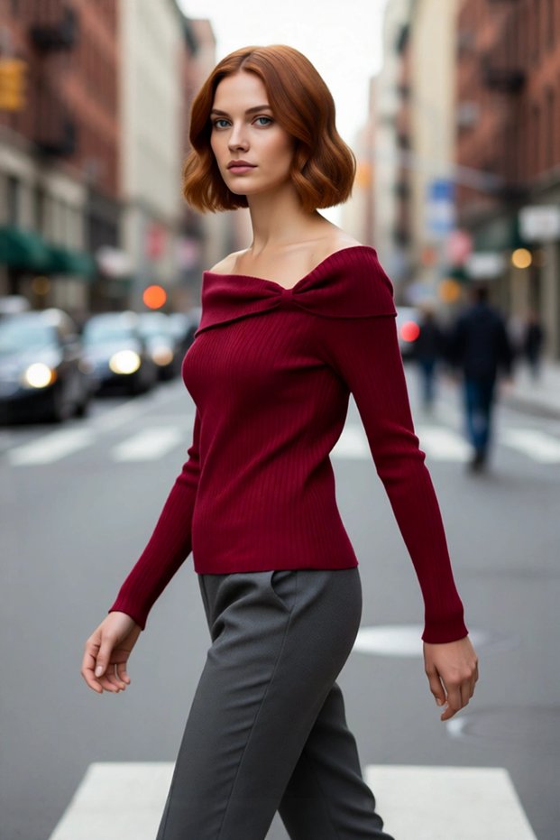 Women's Carmen Collar Fitted Cut Long Sleeve Ribbed Knit Sweater Ideal for Spring Autumn Chic