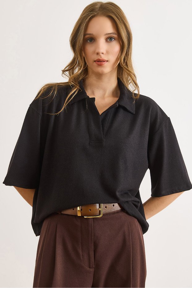 Women's Black Polo Neck Flowy Soft Blouse Blz-19003140