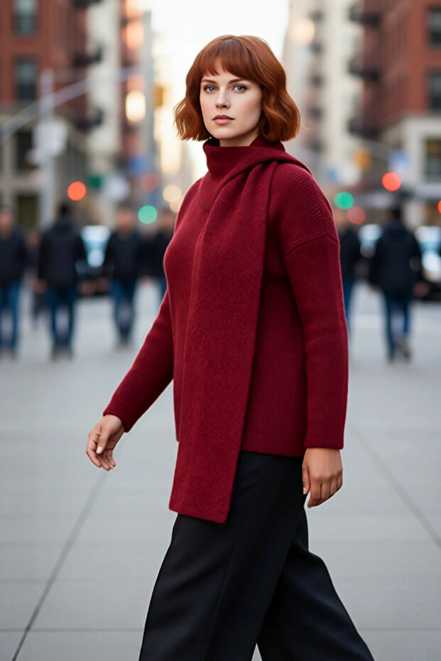 Women's Burgundy Shawl Detailed Wool Content Thick Knitwear Sweater Plain Pattern Regular Fit Long Sleeve Winter