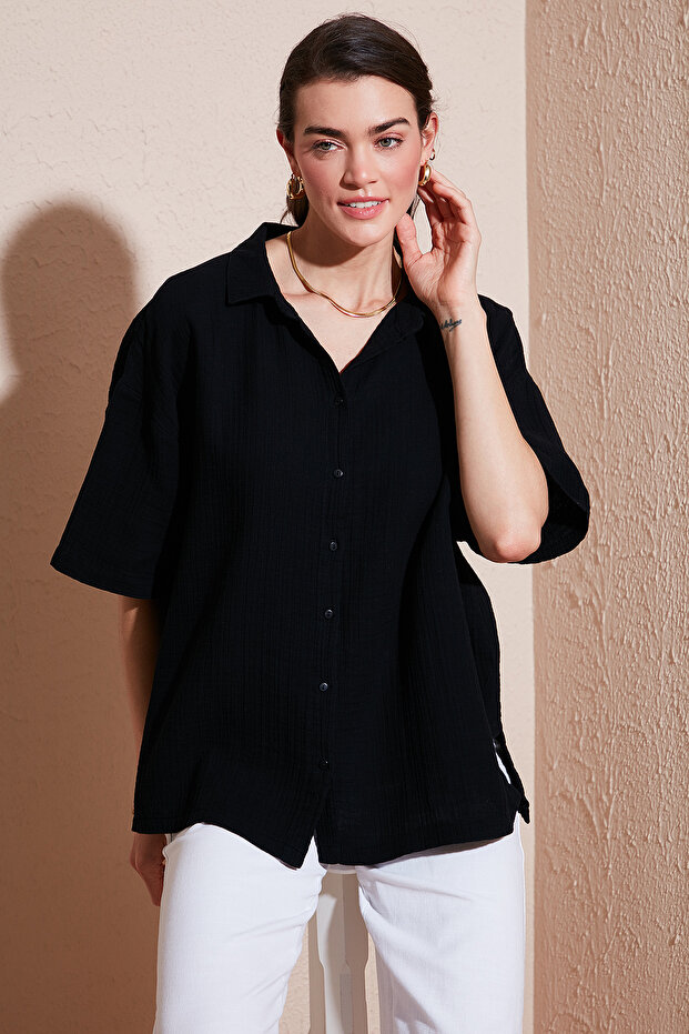 Cotton Regular Fit Slit Short Sleeve Shirt Shirt Cf25S 166965