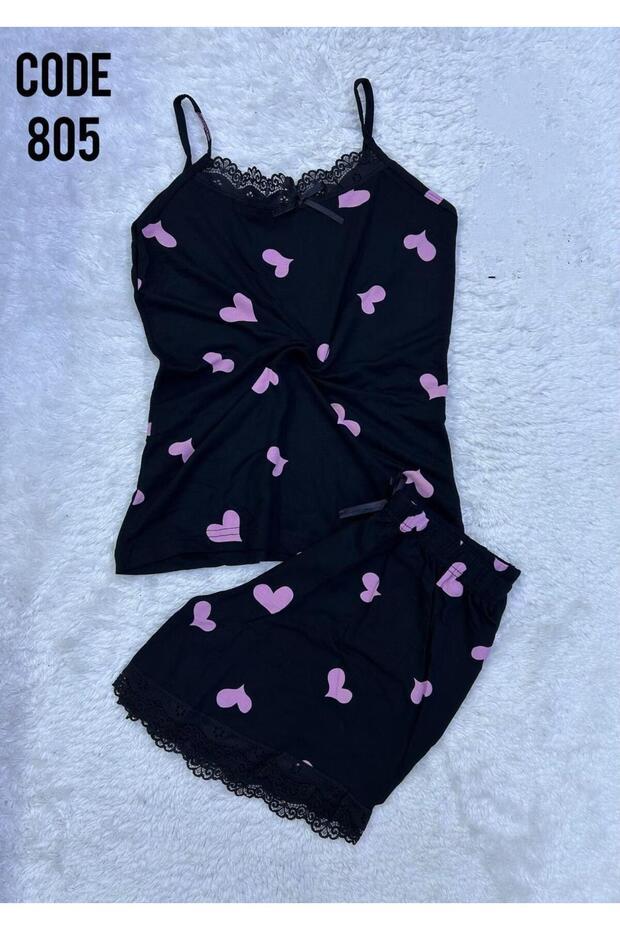 Women's Rope Strap Shorts Pajama Set Lace Detailed Nightgown Dowry Patterned Soft