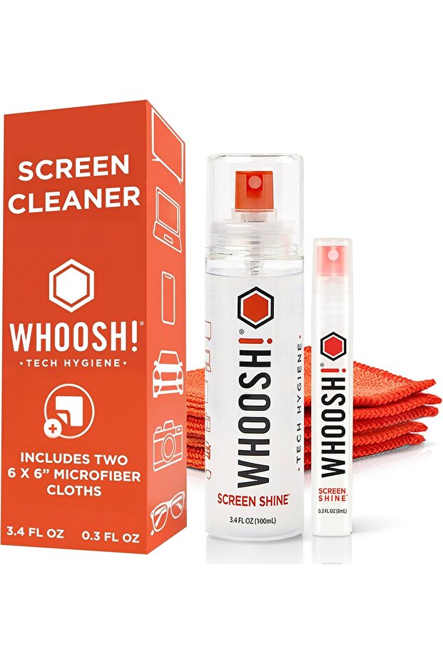 مجموعة تنظيف الشاشة WHOOSH - [3.4 أونصة + 0.8 أونصة] مناسبة للهواتف الذكية، iPhone، iPad، أجهزة القراءة الإلكترونية، أجهزة الكمبيوتر المحمولة