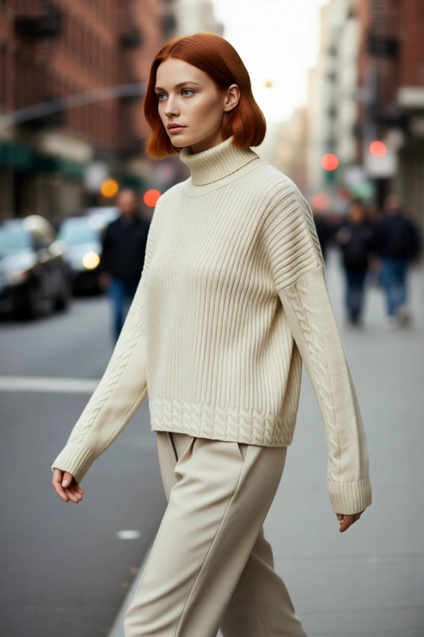 Women's Oversized Turtleneck Knit Sweater Comfortable Low Arm Hair Braided Design for Winter Days