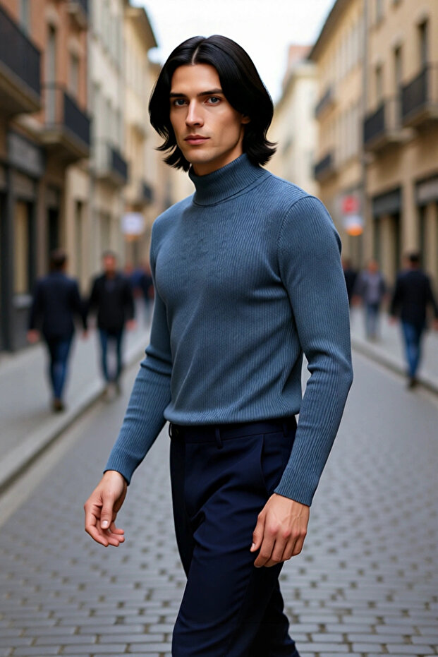 Men's Fitted Turtleneck Ribbed Knit Sweater Ideal for Winter Days Offering Elegance and Comfort