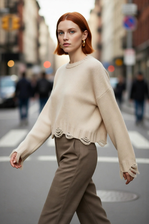 Women's Oversized Knit Crop Sweater with Low Sleeves and Flowing Detail Offers Modern Chic with Its Soft Texture