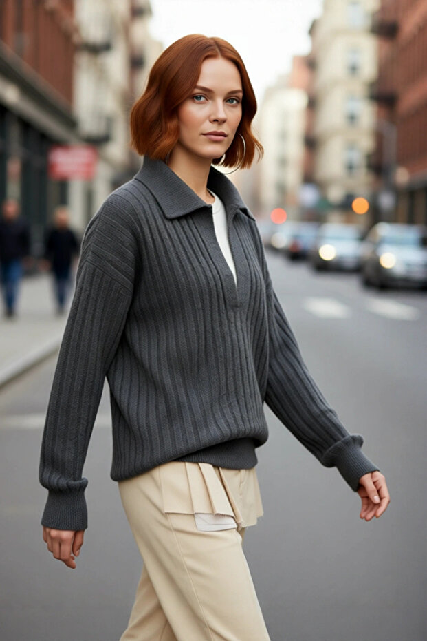 Women's Oversized Polo Neck Low Sleeve Ribbed Knit Sweater Winter Casual Chic Comfortable