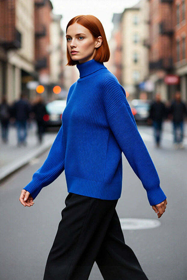 Women's Oversize Turtleneck Plain Acrylic Knitwear Sweater Ideal for Winter Days Long Sleeve Model