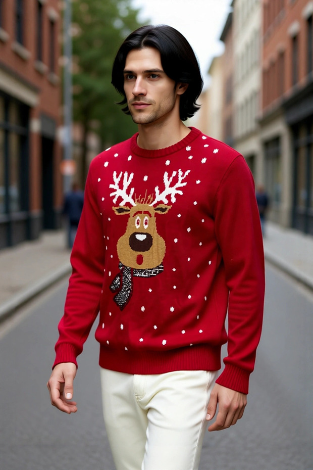 Men's Regular Fit Crew Neck Thick Knitwear Christmas Themed Red Deer Patterned Winter Sweater