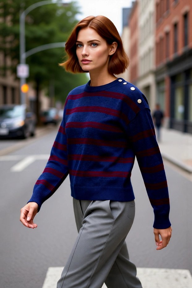 Women's Regular Fit Crew Neck Low Sleeve Striped Shoulder Button Detailed Knitwear Sweater Winter Clothing