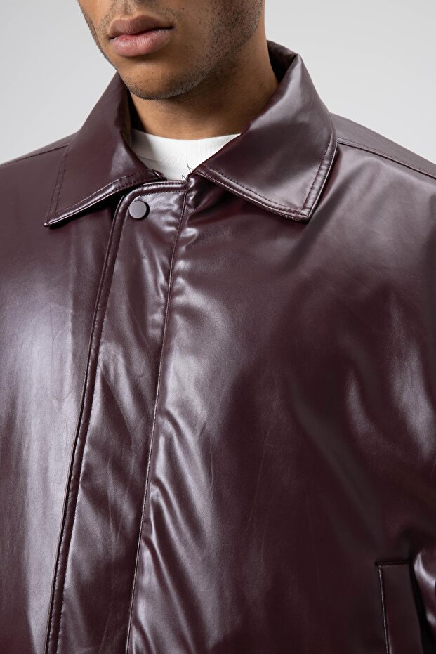 Basıc Suni Deri Oversize Ceket Bordo - 6