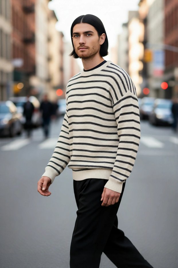Unisex Oversize Striped Crew Neck Knit Sweater a Comfortable and Stylish Choice for Winter Days High Quality