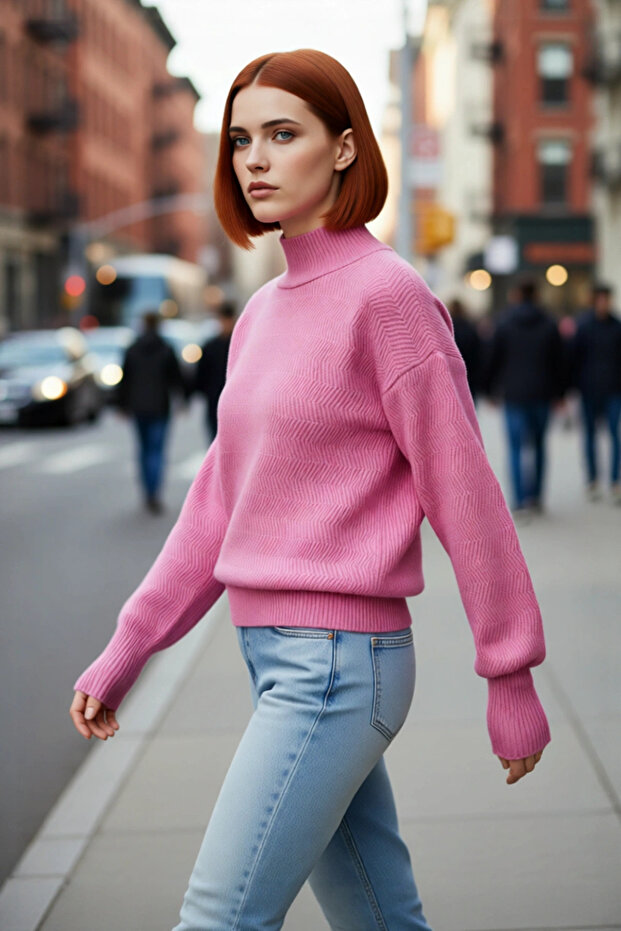 Women's Oversized Balloon Sleeve Stand Collar Knit Sweater Special for Winter Zigzag Pattern Offers Comfortable Elegance Quality