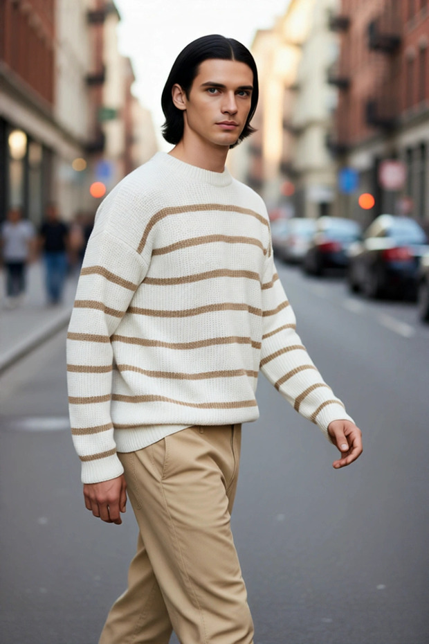 Men's Oversized Crew Neck Striped Thessaloniki Woven Thick Acrylic Winter Sweater Comfortable Style