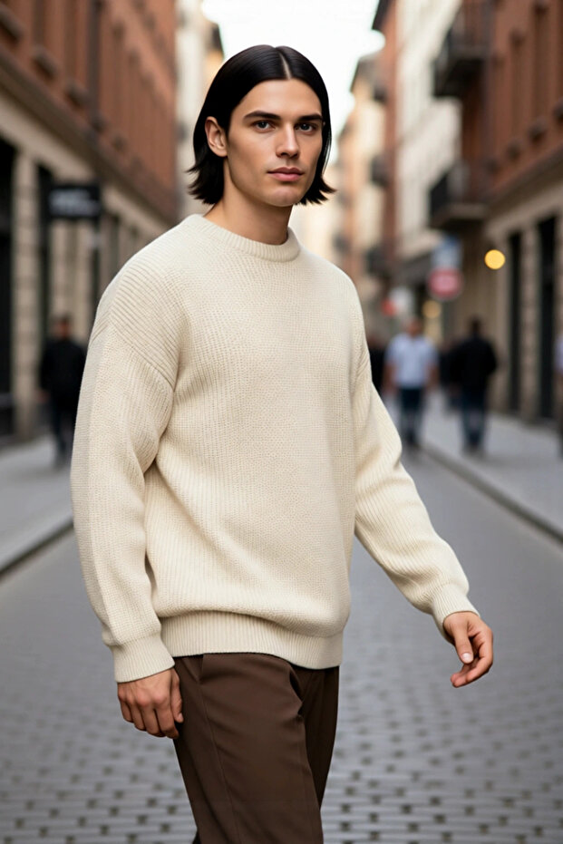 Men's Oversize Fit Crew Neck Basic Thessaloniki Textured Thick Knit Sweater for Winter Casual Wear