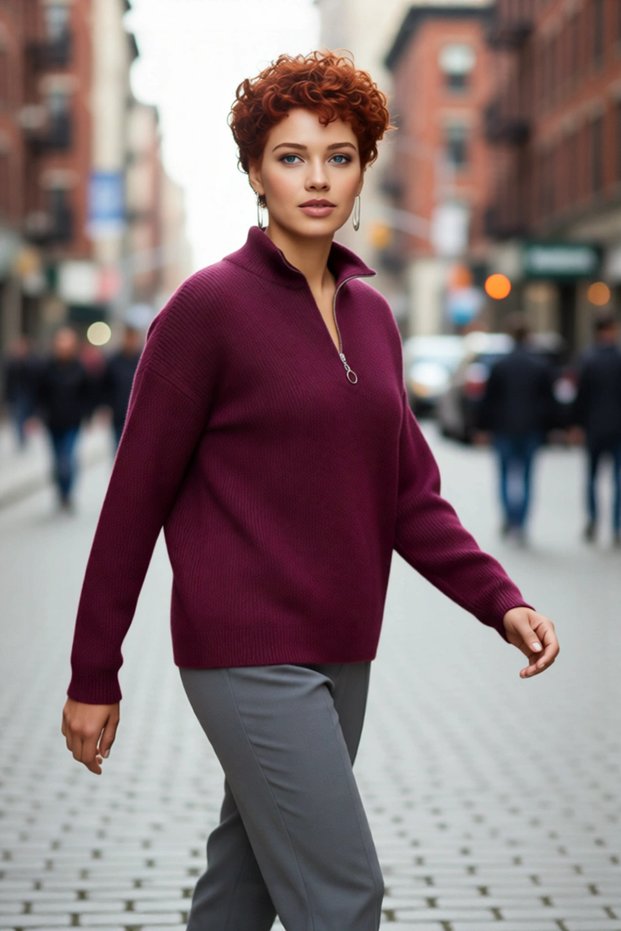Women's Oversize Low-Cut Zipper Stand Collar Knitwear Thessaloniki Knit Basic Long Sleeve Sweater High Quality