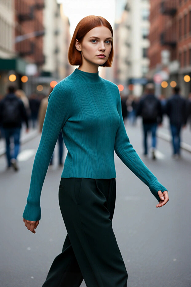 Stand Collar Ribbed Woven Fitted Fit Long Sleeve Basic Knitwear Sweater for Women Winter Elegance and