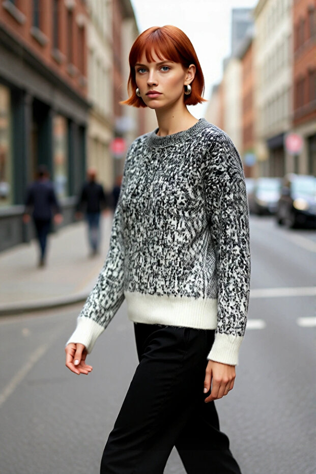 Women's Regular Fit Crew Neck Stone Pattern Thick Knit Sweater Matching Winter and Autumn Elegance