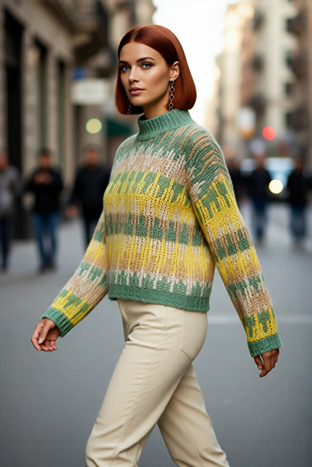 Women's Ethnic Patterned Oversized Stand Collar Low Sleeve Thick Crop Knitwear Sweater Winter Casual Chic