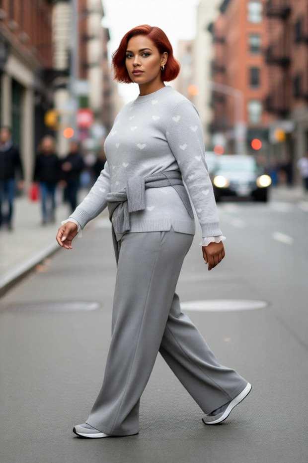 Women's Grey Heart Pattern Knitwear Sweater Long Sleeve Regular Cut Ideal for Cold Weather Chic