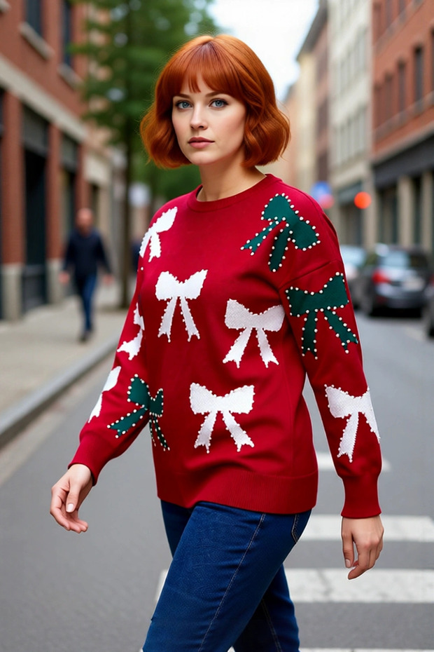 Women's Christmas-Themed Bow-Knot Patterned Pearl Crew Neck Long Sleeve Off-Shoulder Thick Knit Sweater