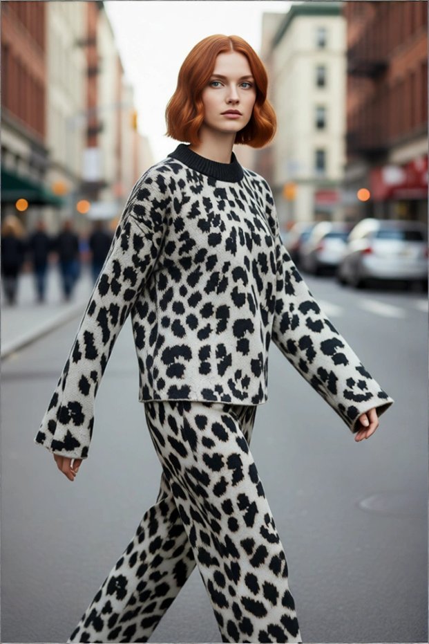 Oversized Fit Leopard Print Low Sleeve Crew Neck Knitwear Sweater for Women Winter Casual Chic
