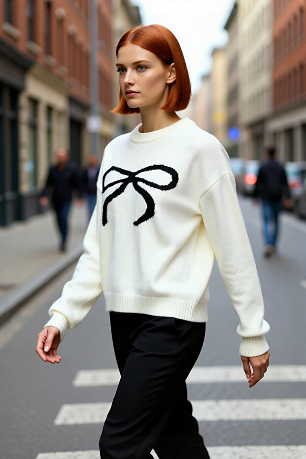 Women's Regular Fit Modern Ribbon Pattern Crew Neck Long Sleeve Knitwear Sweater Winter Chic
